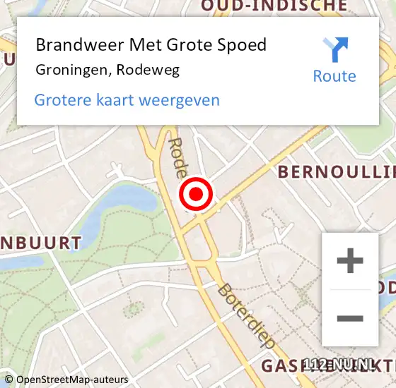 Locatie op kaart van de 112 melding: Brandweer Met Grote Spoed Naar Groningen, Rodeweg op 4 december 2021 15:23