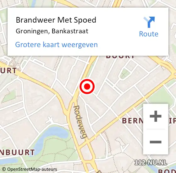 Locatie op kaart van de 112 melding: Brandweer Met Spoed Naar Groningen, Bankastraat op 4 december 2021 16:52