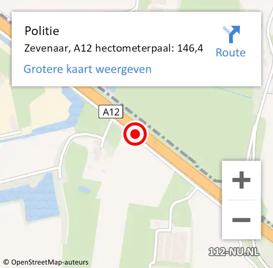 Locatie op kaart van de 112 melding: Politie Zevenaar, A12 hectometerpaal: 146,4 op 4 december 2021 20:27