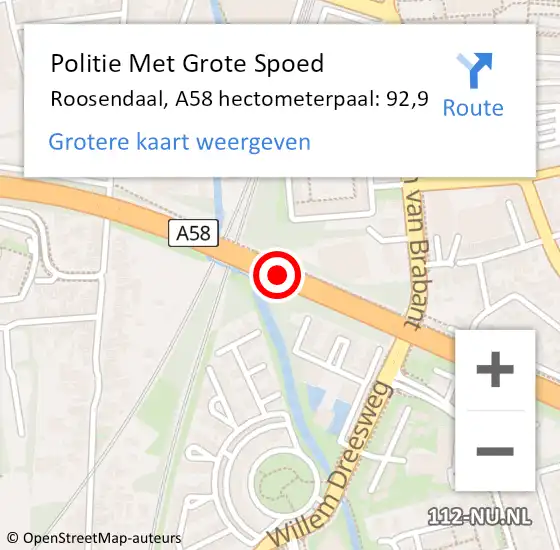 Locatie op kaart van de 112 melding: Politie Met Grote Spoed Naar Roosendaal, A58 hectometerpaal: 92,9 op 4 december 2021 20:38