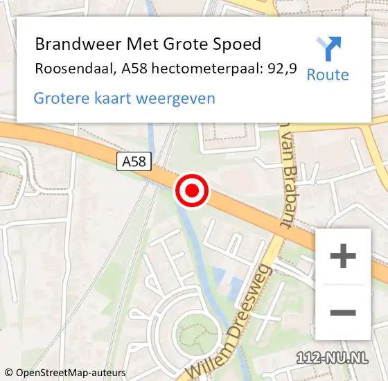 Locatie op kaart van de 112 melding: Brandweer Met Grote Spoed Naar Roosendaal, A58 hectometerpaal: 92,9 op 4 december 2021 20:38