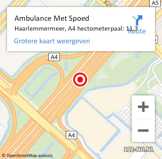 Locatie op kaart van de 112 melding: Ambulance Met Spoed Naar Haarlemmermeer, A4 hectometerpaal: 11,3 op 5 december 2021 11:35