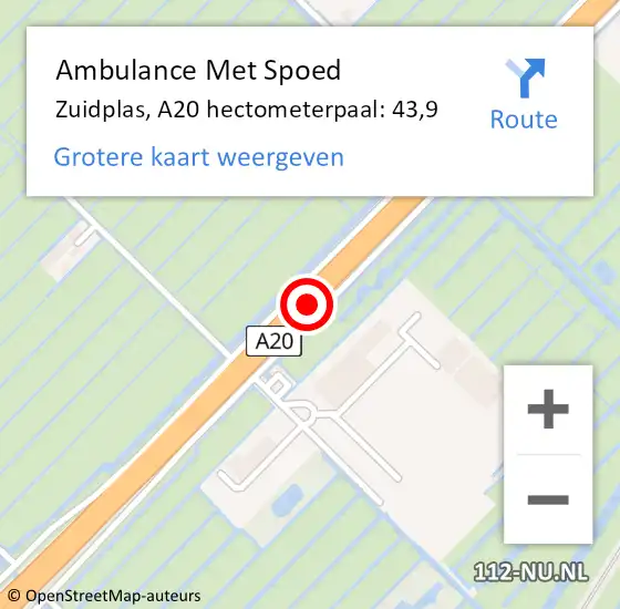 Locatie op kaart van de 112 melding: Ambulance Met Spoed Naar Zuidplas, A20 hectometerpaal: 43,9 op 5 december 2021 14:25
