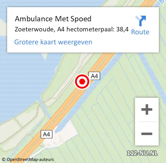 Locatie op kaart van de 112 melding: Ambulance Met Spoed Naar Zoeterwoude, A4 hectometerpaal: 38,4 op 5 december 2021 14:49