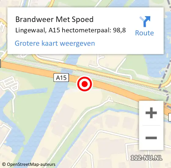 Locatie op kaart van de 112 melding: Brandweer Met Spoed Naar Lingewaal, A15 hectometerpaal: 98,8 op 5 december 2021 14:58