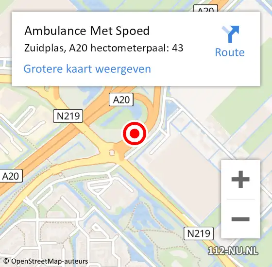 Locatie op kaart van de 112 melding: Ambulance Met Spoed Naar Zuidplas, A20 hectometerpaal: 43 op 6 december 2021 00:08