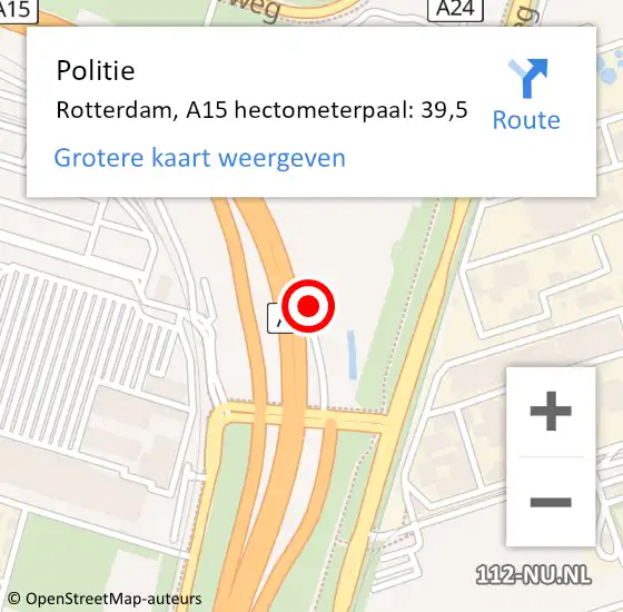 Locatie op kaart van de 112 melding: Politie Rotterdam, A15 hectometerpaal: 39,5 op 6 december 2021 07:02