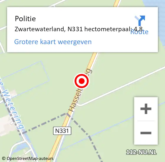 Locatie op kaart van de 112 melding: Politie Zwartewaterland, N331 hectometerpaal: 4,8 op 6 december 2021 07:41