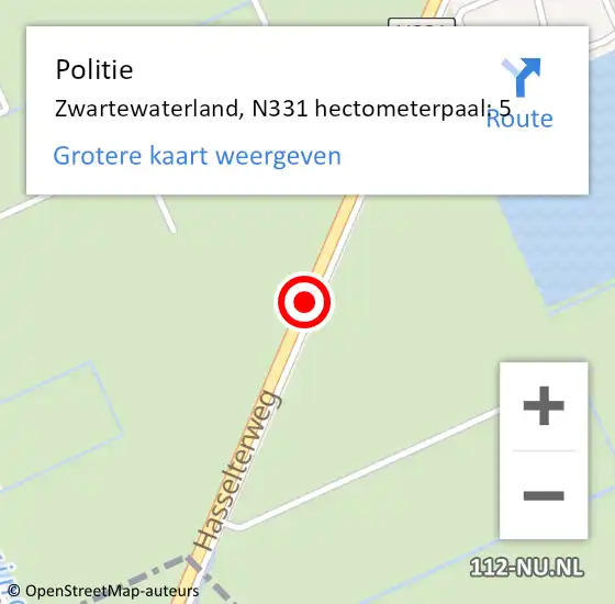 Locatie op kaart van de 112 melding: Politie Zwartewaterland, N331 hectometerpaal: 5 op 6 december 2021 07:42