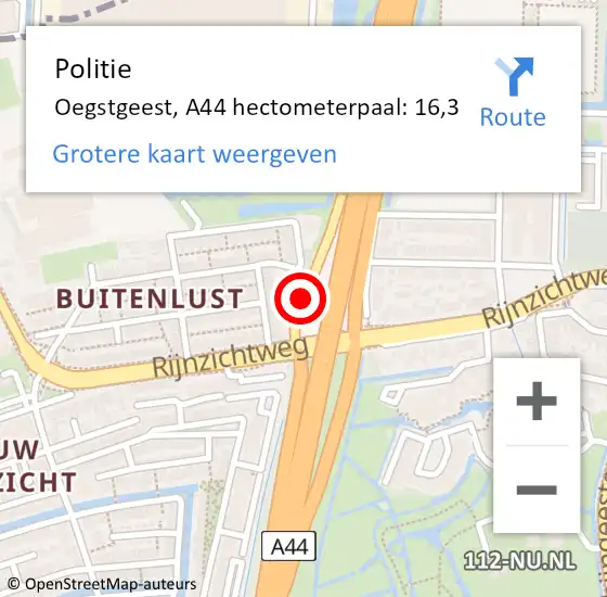 Locatie op kaart van de 112 melding: Politie Oegstgeest, A44 hectometerpaal: 16,3 op 6 december 2021 08:30