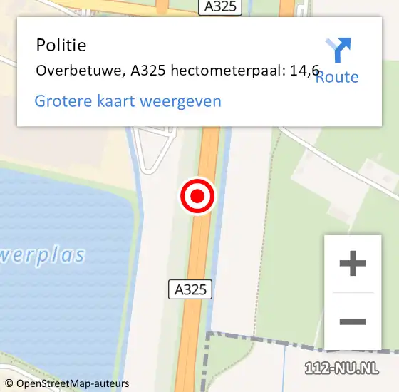 Locatie op kaart van de 112 melding: Politie Overbetuwe, A325 hectometerpaal: 14,6 op 6 december 2021 09:05
