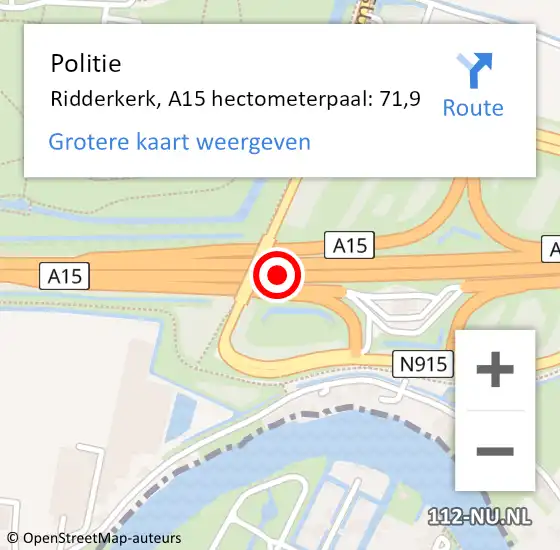 Locatie op kaart van de 112 melding: Politie Ridderkerk, A15 hectometerpaal: 71,9 op 6 december 2021 09:37