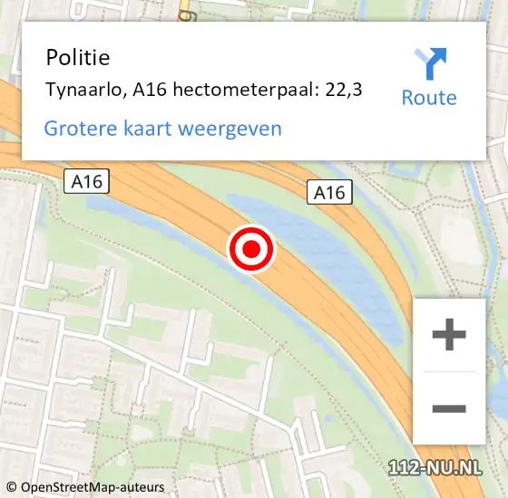 Locatie op kaart van de 112 melding: Politie Tynaarlo, A16 hectometerpaal: 22,3 op 6 december 2021 13:19