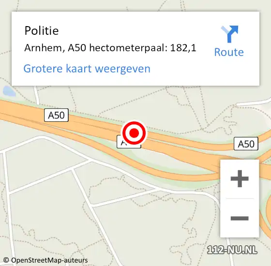 Locatie op kaart van de 112 melding: Politie Arnhem, A50 hectometerpaal: 182,1 op 6 december 2021 14:18