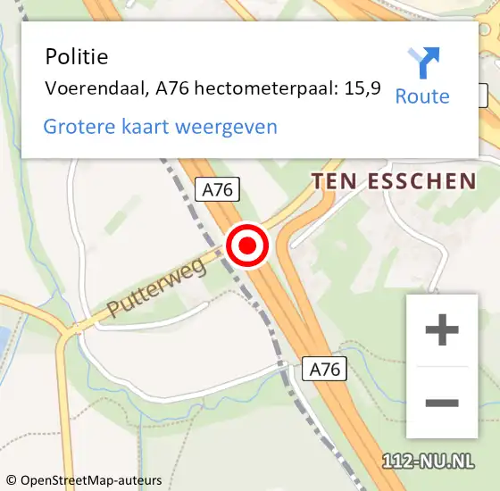 Locatie op kaart van de 112 melding: Politie Voerendaal, A76 hectometerpaal: 15,9 op 6 december 2021 16:47