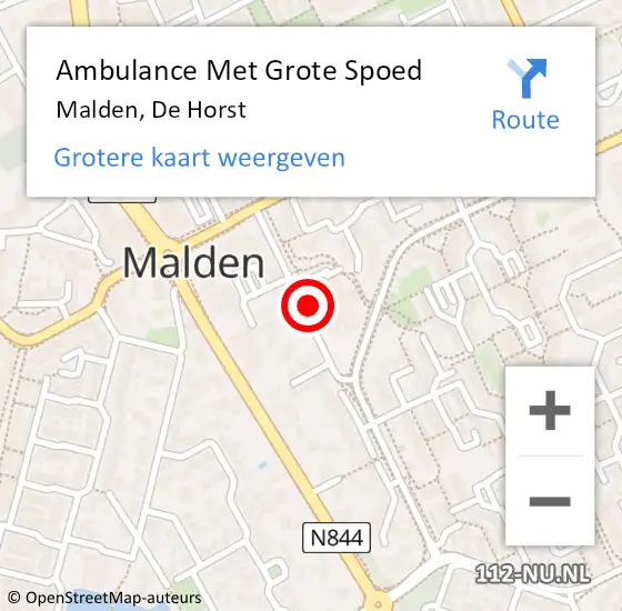 Locatie op kaart van de 112 melding: Ambulance Met Grote Spoed Naar Malden, De Horst op 6 december 2021 20:06