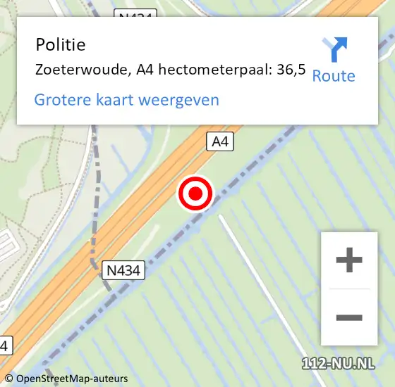 Locatie op kaart van de 112 melding: Politie Zoeterwoude, A4 hectometerpaal: 36,5 op 7 december 2021 06:24