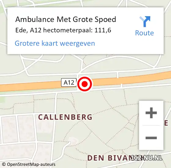 Locatie op kaart van de 112 melding: Ambulance Met Grote Spoed Naar Ede, A12 hectometerpaal: 111,6 op 7 december 2021 06:42