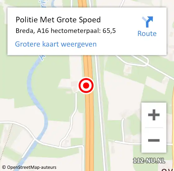 Locatie op kaart van de 112 melding: Politie Met Grote Spoed Naar Breda, A16 hectometerpaal: 65,5 op 7 december 2021 06:50