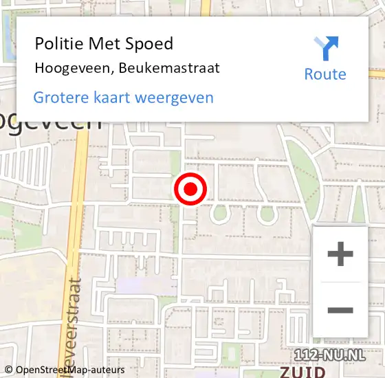 Locatie op kaart van de 112 melding: Politie Met Spoed Naar Hoogeveen, Beukemastraat op 7 december 2021 07:28