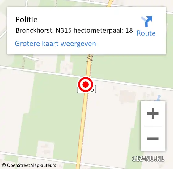 Locatie op kaart van de 112 melding: Politie Bronckhorst, N315 hectometerpaal: 18 op 7 december 2021 08:08