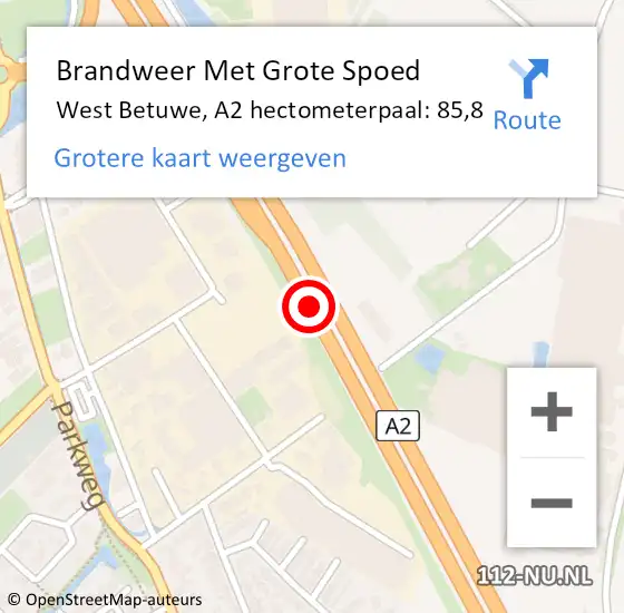 Locatie op kaart van de 112 melding: Brandweer Met Grote Spoed Naar Geldermalsen, A2 hectometerpaal: 85,8 op 7 december 2021 10:47