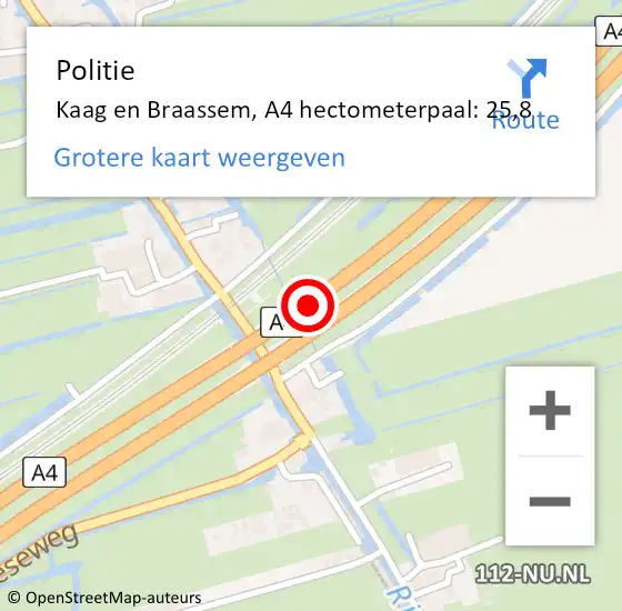 Locatie op kaart van de 112 melding: Politie Kaag en Braassem, A4 hectometerpaal: 25,8 op 7 december 2021 10:54