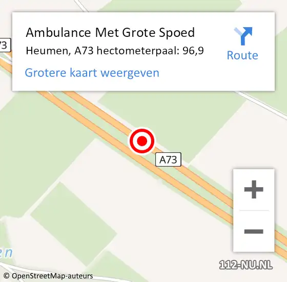 Locatie op kaart van de 112 melding: Ambulance Met Grote Spoed Naar Heumen, A73 hectometerpaal: 96,9 op 7 december 2021 12:01