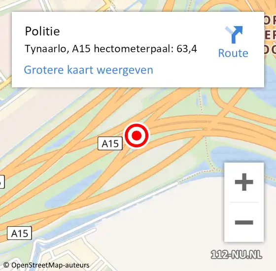 Locatie op kaart van de 112 melding: Politie Tynaarlo, A15 hectometerpaal: 63,4 op 7 december 2021 12:23