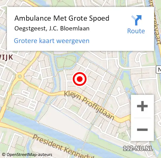 Locatie op kaart van de 112 melding: Ambulance Met Grote Spoed Naar Oegstgeest, J.C. Bloemlaan op 7 december 2021 13:07