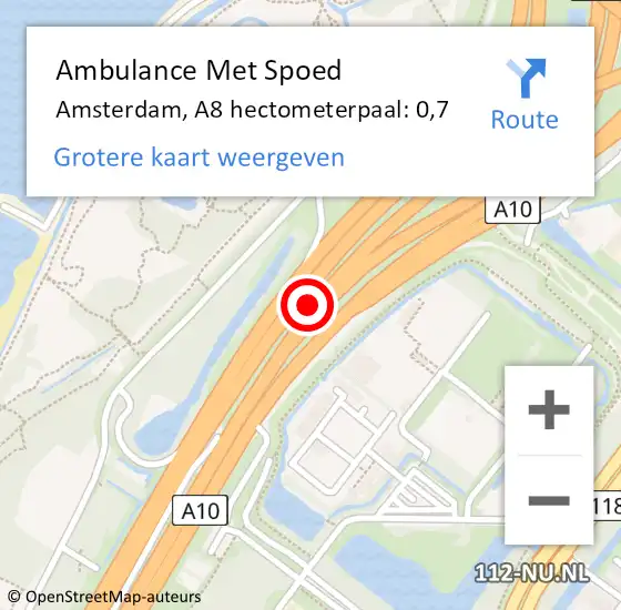 Locatie op kaart van de 112 melding: Ambulance Met Spoed Naar Amsterdam, A8 hectometerpaal: 0,7 op 7 december 2021 13:53
