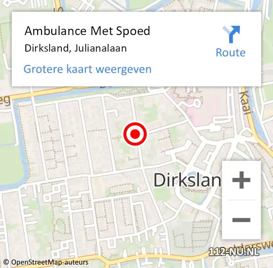 Locatie op kaart van de 112 melding: Ambulance Met Spoed Naar Dirksland, Julianalaan op 7 december 2021 14:03