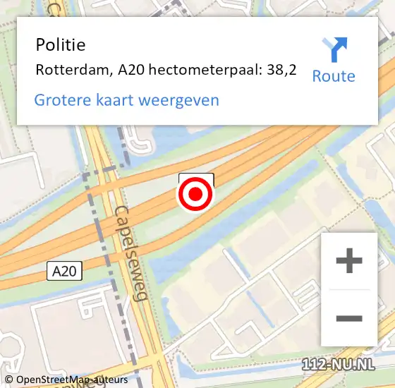 Locatie op kaart van de 112 melding: Politie Rotterdam, A20 hectometerpaal: 38,2 op 7 december 2021 14:49