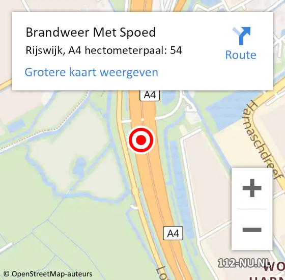 Locatie op kaart van de 112 melding: Brandweer Met Spoed Naar Rijswijk, A4 hectometerpaal: 54 op 7 december 2021 14:52