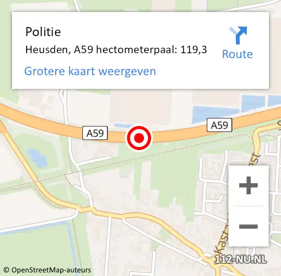 Locatie op kaart van de 112 melding: Politie Heusden, A59 hectometerpaal: 119,3 op 7 december 2021 15:31