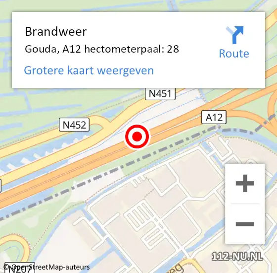 Locatie op kaart van de 112 melding: Brandweer Gouda, A12 hectometerpaal: 28 op 7 december 2021 16:07
