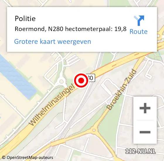 Locatie op kaart van de 112 melding: Politie Roermond, N280 hectometerpaal: 19,8 op 7 december 2021 17:14