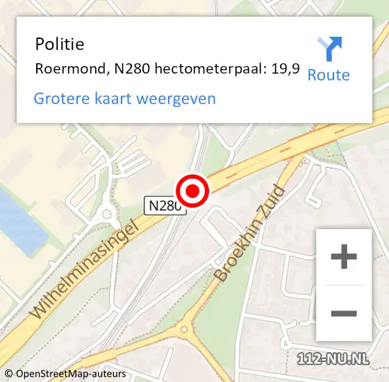 Locatie op kaart van de 112 melding: Politie Roermond, N280 hectometerpaal: 19,9 op 7 december 2021 17:15