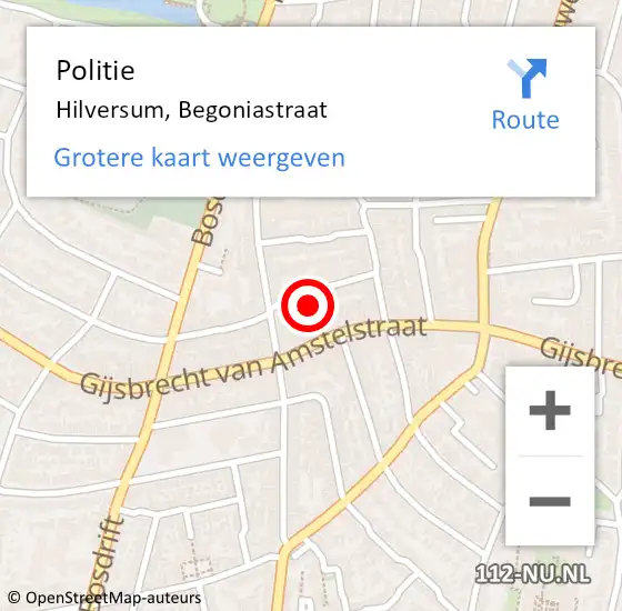 Locatie op kaart van de 112 melding: Politie Hilversum, Begoniastraat op 7 december 2021 17:48