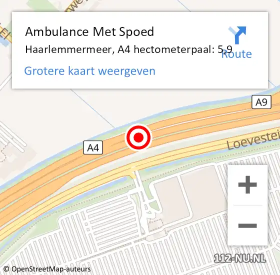Locatie op kaart van de 112 melding: Ambulance Met Spoed Naar Haarlemmermeer, A4 hectometerpaal: 5,9 op 7 december 2021 17:52