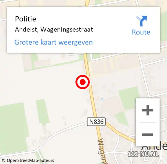 Locatie op kaart van de 112 melding: Politie Andelst, Wageningsestraat op 7 december 2021 18:18