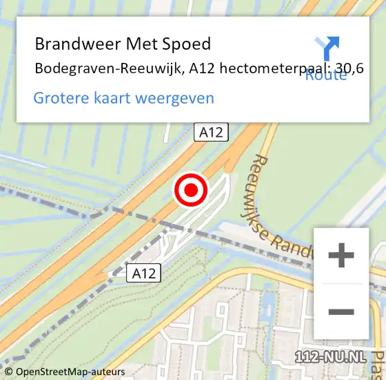 Locatie op kaart van de 112 melding: Brandweer Met Spoed Naar Bodegraven-Reeuwijk, A12 hectometerpaal: 30,6 op 7 december 2021 19:09