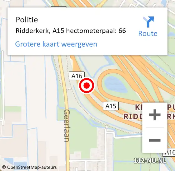 Locatie op kaart van de 112 melding: Politie Ridderkerk, A15 hectometerpaal: 66 op 7 december 2021 19:25