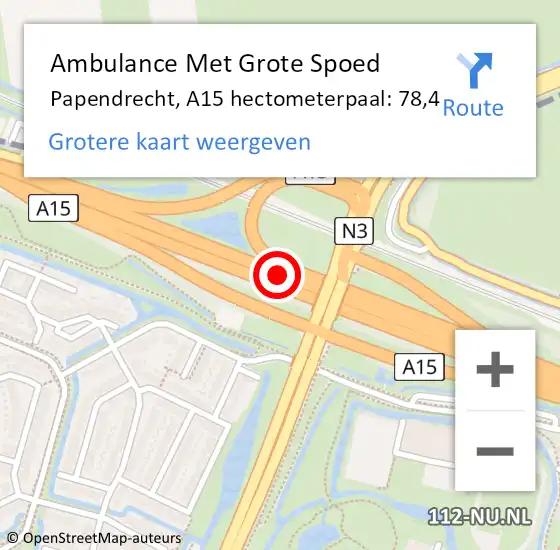 Locatie op kaart van de 112 melding: Ambulance Met Grote Spoed Naar Papendrecht, A15 hectometerpaal: 78,4 op 7 december 2021 21:49