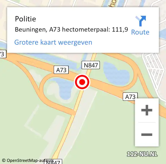 Locatie op kaart van de 112 melding: Politie Beuningen, A73 hectometerpaal: 111,9 op 8 december 2021 09:08