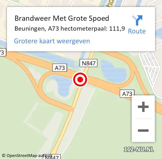 Locatie op kaart van de 112 melding: Brandweer Met Grote Spoed Naar Beuningen, A73 hectometerpaal: 111,9 op 8 december 2021 09:09
