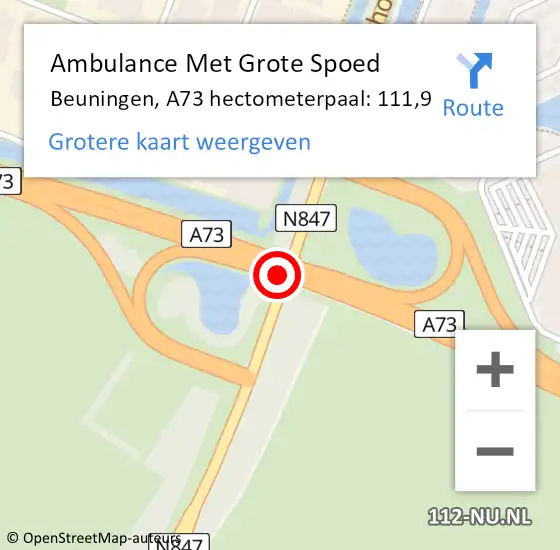 Locatie op kaart van de 112 melding: Ambulance Met Grote Spoed Naar Beuningen, A73 hectometerpaal: 111,9 op 8 december 2021 09:09