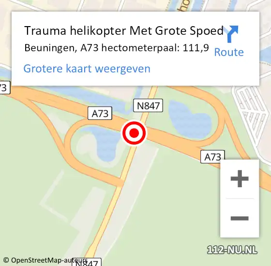 Locatie op kaart van de 112 melding: Trauma helikopter Met Grote Spoed Naar Beuningen, A73 hectometerpaal: 111,9 op 8 december 2021 09:12
