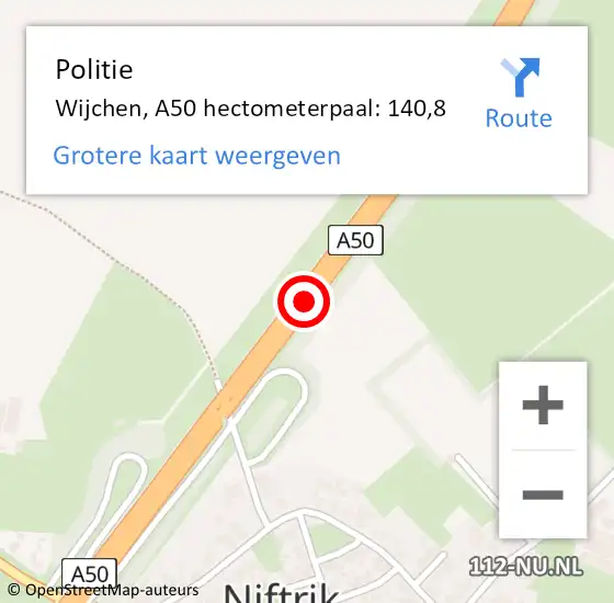 Locatie op kaart van de 112 melding: Politie Wijchen, A50 hectometerpaal: 140,8 op 8 december 2021 09:29