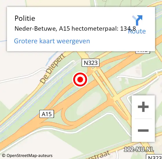 Locatie op kaart van de 112 melding: Politie Neder-Betuwe, A15 hectometerpaal: 134,8 op 8 december 2021 10:12